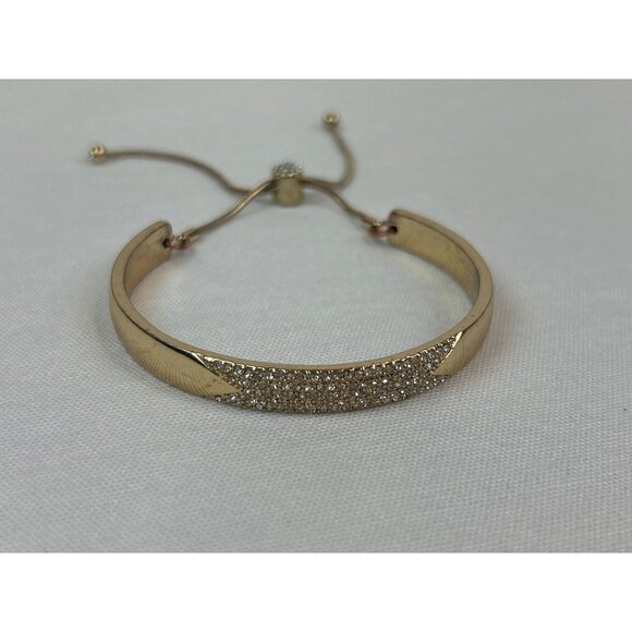 Gold Tone Adjustable Bangle Bracelet Rhinestone Accents - Picture 3 of 6